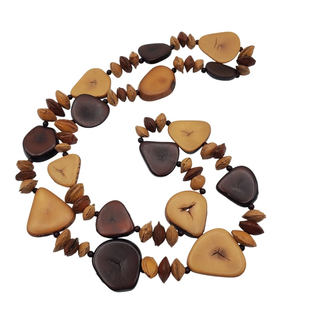 Tagua Beaded Necklace Brown Tan‎ Natural Nut Vegetable Wood Vintage Hippie Boho